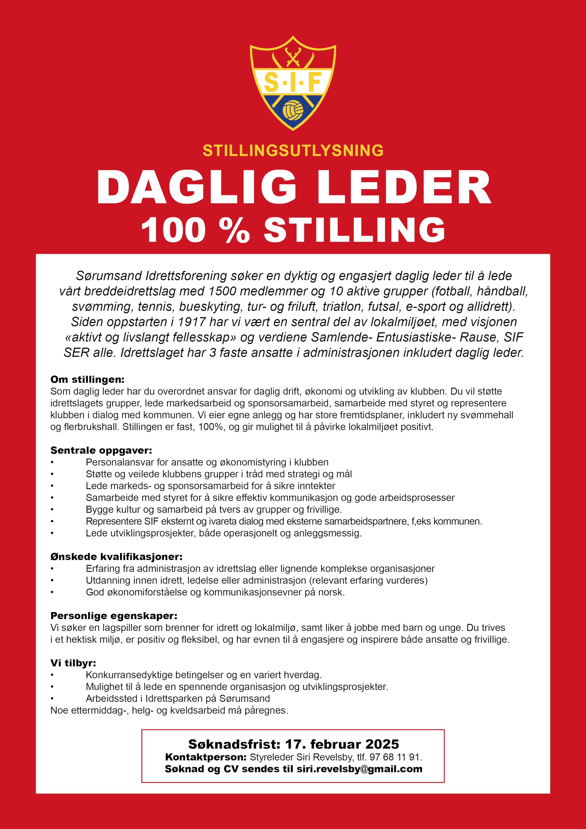 Stillingsutlysning - Daglig leder